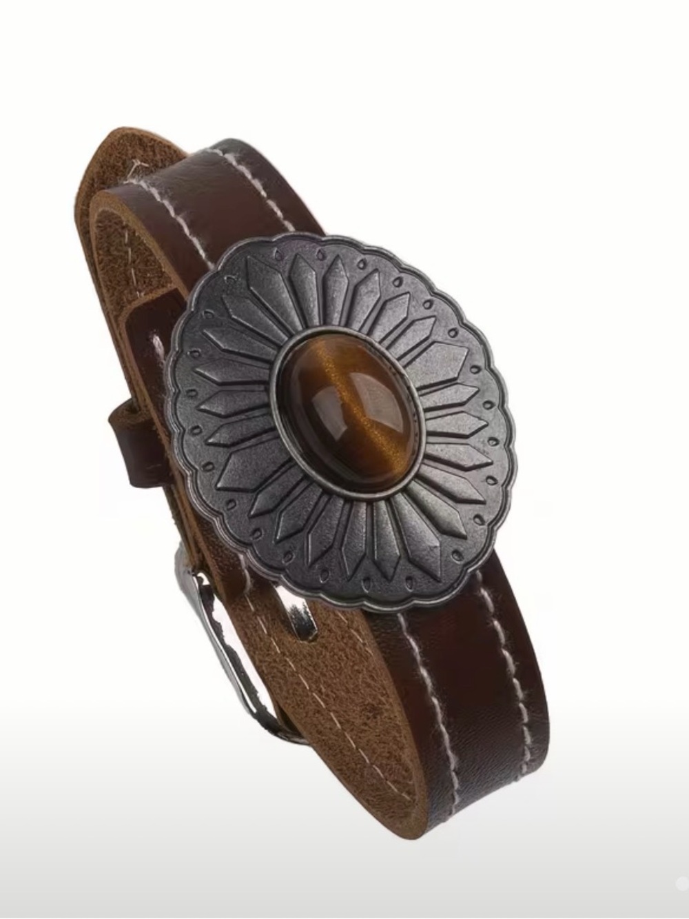 Western Bracelet Brown PU Leather Bracelet with Antique Silver Concho